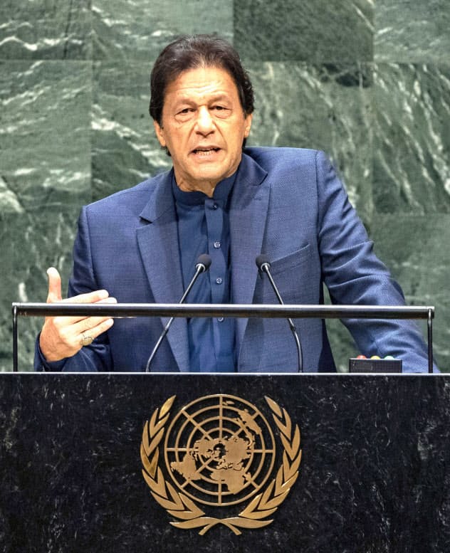 パキスタンのカーン首相(米ニューヨークの国連本部)=国連提供・共同 パキスタンのカーン首相(米ニューヨークの国連本部)=国連提供・共同