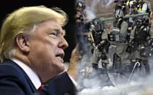 トランプ大統領(写真左)と香港デモ トランプ大統領(写真左)と香港デモ