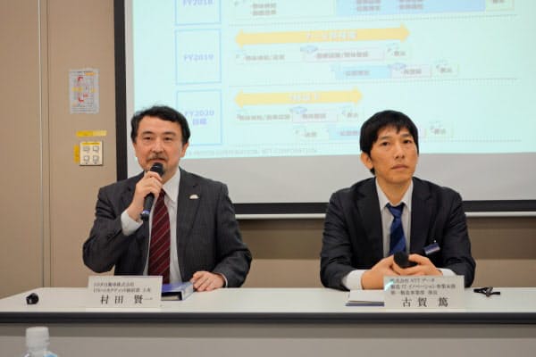 コネクテッドカーの実証実験について報告するトヨタ自動車の村田賢一主査(左)とNTTデータの古賀篤第一製造事業部部長(5日、東京・文京)