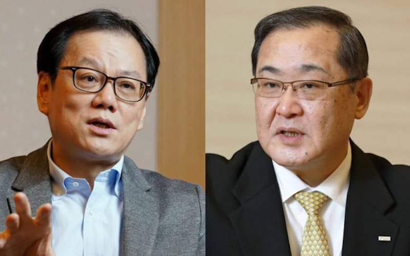 太田純・三井住友FG社長(右)と坂井辰史・みずほFG社長 太田純・三井住友FG社長(右)と坂井辰史・みずほFG社長