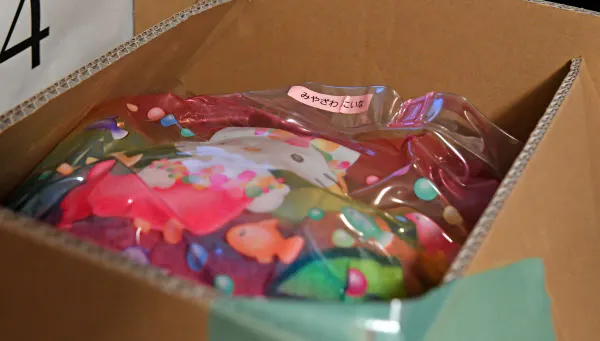 (5)にいなちゃんの名前シールが貼られたブールバッグ