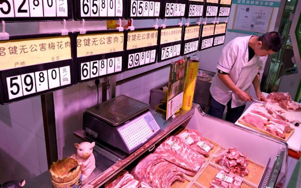 中国では供給不足で豚肉価格が高止まりした状況が続いている（北京の市場）=ロイター