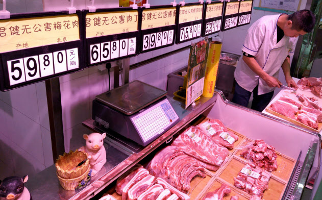 中国では供給不足で豚肉価格が高止まりした状況が続いている(北京の市場)=ロイター 中国では供給不足で豚肉価格が高止まりした状況が続いている(北京の市場)=ロイター