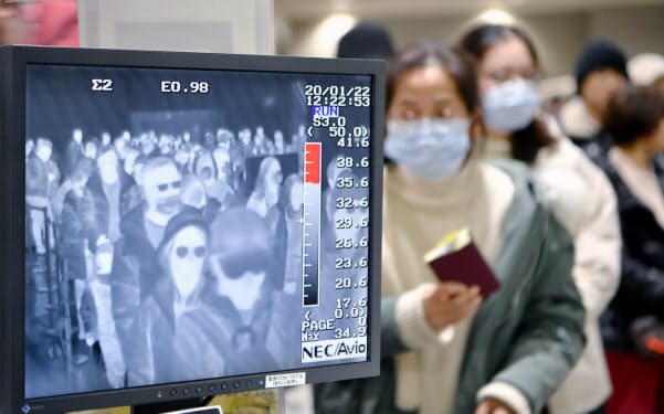 新型コロナウイルスによる肺炎を警戒し、入国者の体温をサーモグラフィーでチェックする関西空港の検疫所(20年1月)