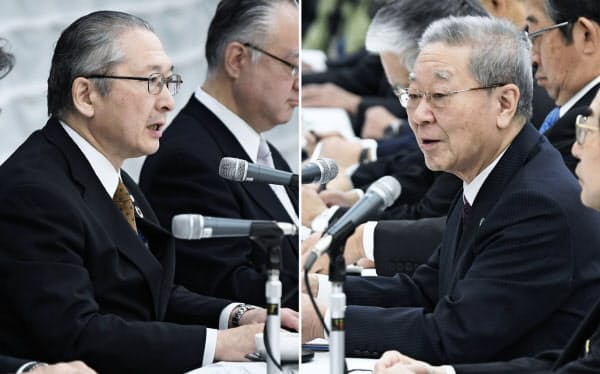 会談であいさつする経団連の中西会長(右)と連合の神津会長(28日午前、東京・大手町)