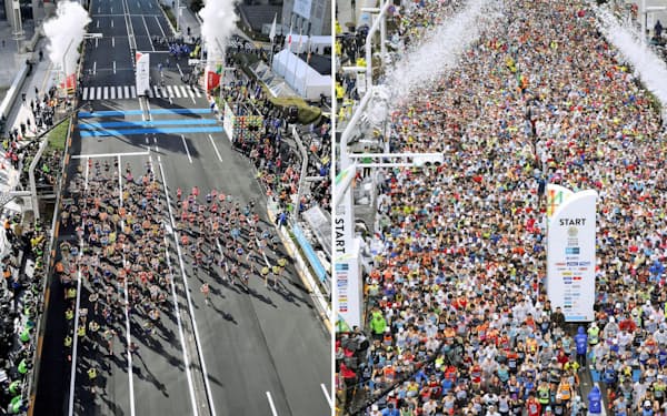 東京マラソンで都庁前を一斉にスタートするエリート選手たち（左）。一般ランナーも参加した昨年（右）から大幅に減少した（代表撮影）=共同