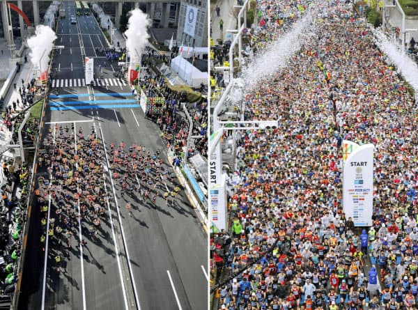 東京マラソンで都庁前を一斉にスタートするエリート選手たち(左)。一般ランナーも参加した昨年(右)から大幅に減少した(代表撮影)=共同