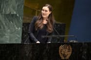 「国際女性デー」のイベントで国連を訪れたフィンランドのマリン首相=国連提供 「国際女性デー」のイベントで国連を訪れたフィンランドのマリン首相=国連提供