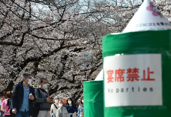 桜が見ごろを迎えた上野公園では「宴席禁止」の張り紙も(21日、東京都台東区)