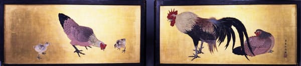 「けらば板 金地著彩鶏鴉図」(今尾景年筆)