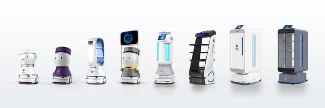 主力の飲食店向けの配膳ロボットのほか、ホテル内の荷物配送や道案内ができるロボットをそろえる=KEENON ROBOTICS提供 主力の飲食店向けの配膳ロボットのほか、ホテル内の荷物配送や道案内ができるロボットをそろえる=KEENON ROBOTICS提供