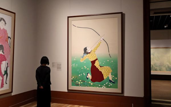 丹羽阿樹子「遠矢」など近代の日本画が並ぶコレクションルーム
