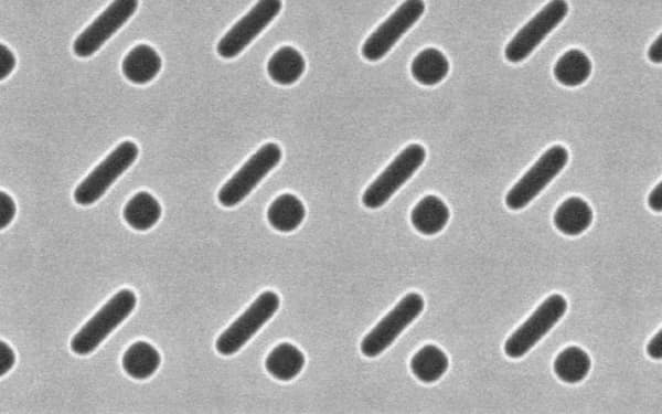 異なる形の穴がペアで配置したフォトニック結晶の電子顕微鏡写真（野田進京都大学教授提供）