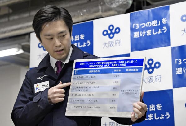 休業要請に応じていないパチンコ店名を公表する大阪府の吉村洋文知事(24日、大阪府庁)=共同