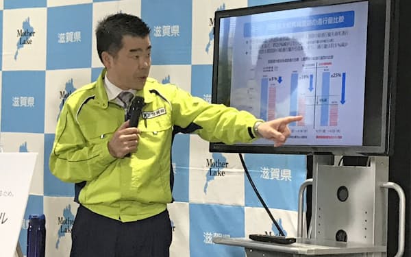 滋賀県内の新型コロナウイルス感染状況を説明する三日月大造知事（27日、滋賀県庁）