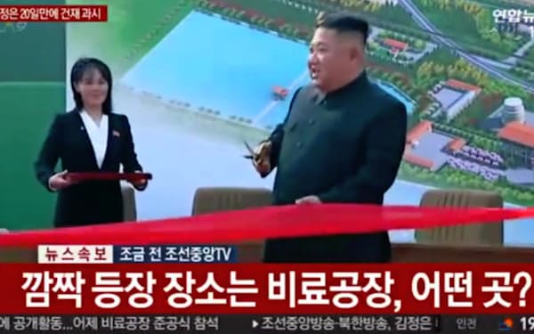 肥料工場の竣工式でテープカットに臨む北朝鮮の金正恩氏(右)。左の女性は実妹の金与正氏（2日、韓国・聯合ニューステレビの映像）
