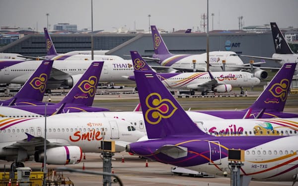 タイ航空は5月末まで全便を運休する（4月17日、バンコクのスワンナプーム空港）=小高顕撮影