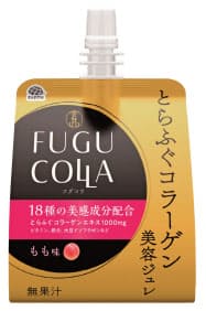 アース製薬が発売した「とらふぐコラーゲン美容ジュレ」のもも味。フグ専門店を展開する関門海と協力した アース製薬が発売した「とらふぐコラーゲン美容ジュレ」のもも味。フグ専門店を展開する関門海と協力した