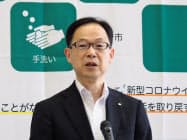 6月補正予算案を説明する大分市の佐藤樹一郎市長(1日、大分市役所) 6月補正予算案を説明する大分市の佐藤樹一郎市長(1日、大分市役所)