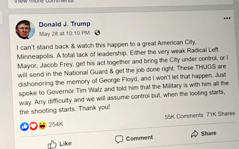トランプ米大統領のフェイスブックへの書き込みは暴力の容認と批判を浴び、同社への社内外からの圧力も高まっていた。 トランプ米大統領のフェイスブックへの書き込みは暴力の容認と批判を浴び、同社への社内外からの圧力も高まっていた。