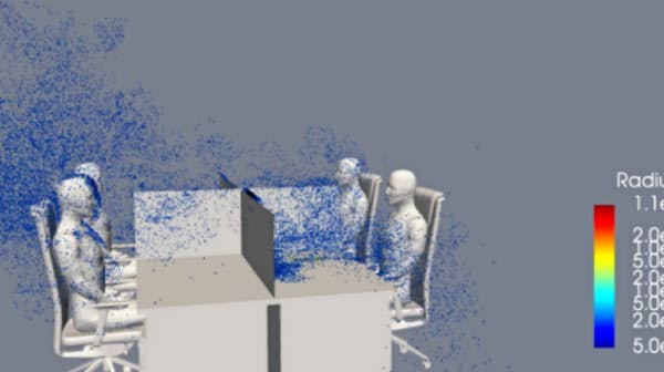 しきりの高さが120センチメートルでは向かいの席の人に飛沫がかかってしまう=理研・豊橋技科大提供