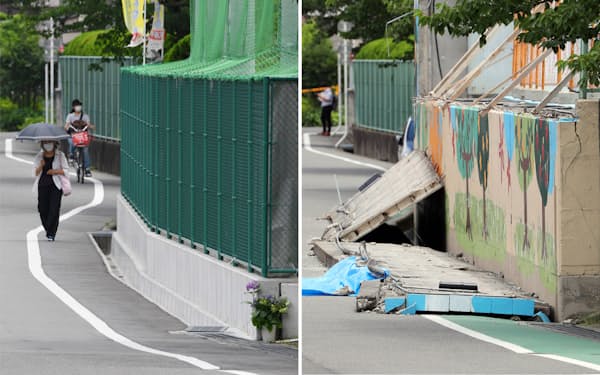ブロック塀が倒壊し、女子児童が犠牲になった現場(写真右、2018年6月)と金属製フェンスに変わった現場(15日、大阪府高槻市の寿栄小)