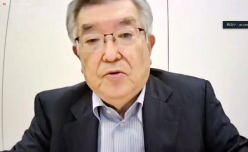 「新型コロナウイルス対策連絡会議」の第10回会議を終え、オンラインで記者会見するプロ野球の斉藤惇コミッショナー(22日午前)=共同