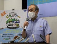 「じもツアー」について説明する両備グループの小嶋代表(8日、岡山市) 「じもツアー」について説明する両備グループの小嶋代表(8日、岡山市)