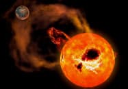 「しし座AD星」(手前)のスーパーフレアの想像図(国立天文台提供)=共同 「しし座AD星」(手前)のスーパーフレアの想像図(国立天文台提供)=共同