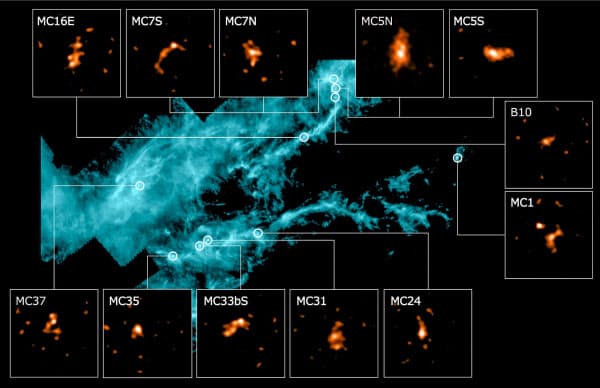 ハーシェル宇宙天文台が遠赤外線で観測したおうし座分子雲とアルマ望遠鏡で観測した星の形成に至っていないとみられた12カ所の合成画像(アルマ望遠鏡・欧州宇宙機関提供)=共同