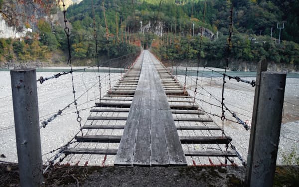 つり橋のメンテナンス技術の実験をする林橋（奈良県十津川村）