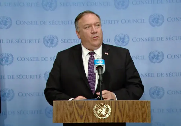 国連本部で会見するポンペオ米国務長官(20日、ニューヨーク)