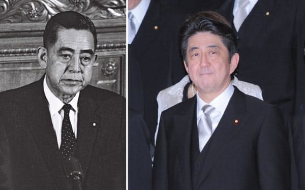 第2次安倍内閣が発足し、首相官邸で記念写真の撮影に臨む安倍晋三首相(2012年、写真右)と、所信表明演説する佐藤栄作元首相(1964年)。安倍首相は連続在任日数2798日で佐藤元首相のもつ最長記録に並んだ