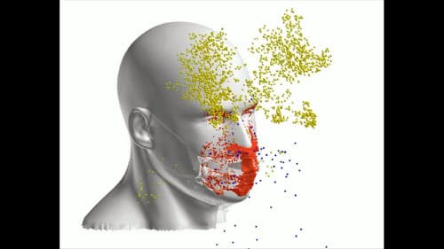 不織布マスク装着時のシミュレーションの様子=理化学研究所計算科学研究センター提供