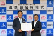 連携協定に署名した北海道ガスの大槻博社長(右)と工藤寿樹函館市長 連携協定に署名した北海道ガスの大槻博社長(右)と工藤寿樹函館市長