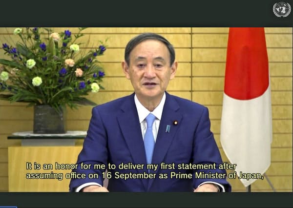 国連総会の一般討論演説に臨む菅義偉首相(25日)=AP