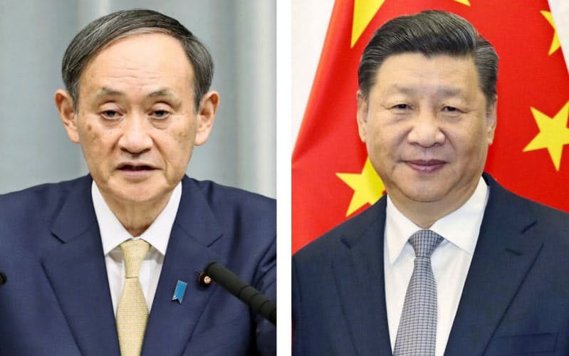 菅義偉首相、中国の習近平国家主席=共同 菅義偉首相、中国の習近平国家主席=共同