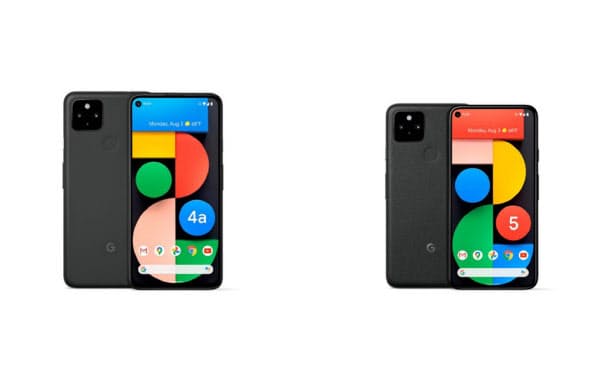 米グーグルが30日に発表した「5G」対応のスマートフォン「Pixel4a(5G)」(左)と「Pixel5」