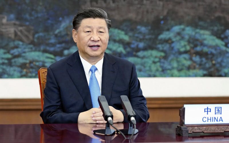 22日の国連総会一般討論で放映されたビデオで演説する中国の習近平国家主席(新華社=共同) 22日の国連総会一般討論で放映されたビデオで演説する中国の習近平国家主席(新華社=共同)