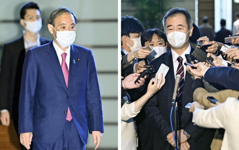 会談した菅首相(左)と日本学術会議の梶田隆章会長(16日午後、首相官邸)=共同 会談した菅首相(左)と日本学術会議の梶田隆章会長(16日午後、首相官邸)=共同