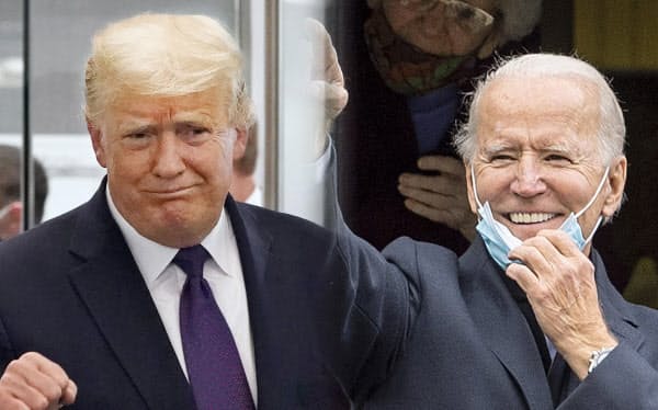 3日、選挙対策本部を訪問したトランプ氏(写真左、AP)とペンシルベニア州を訪れたバイデン氏=フィラデルフィアインクワイアラー提供・AP