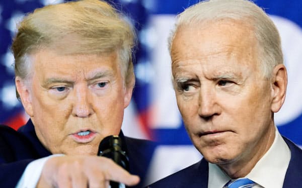 4日、演説するトランプ氏(写真左)と声明を発表するバイデン氏=ロイター