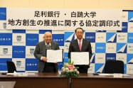 協定に調印した足利銀の清水頭取(右)と白鴎大の奥島学長 協定に調印した足利銀の清水頭取(右)と白鴎大の奥島学長