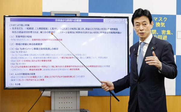 新型コロナウイルス感染症対策分科会後、記者会見する西村経済再生相(20日夜、東京・永田町=共同)