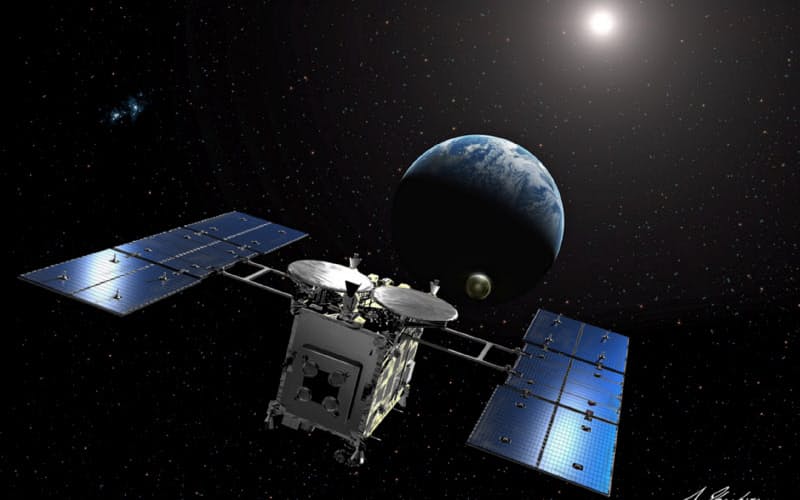 小惑星をかけらが入ったカプセルを地球に投下するはやぶさ2の想像図=JAXA、池下章裕氏提供 小惑星をかけらが入ったカプセルを地球に投下するはやぶさ2の想像図=JAXA、池下章裕氏提供