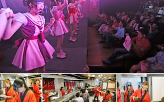 ステージに立つ「アイドル教室」（写真上）は、店ですしを握り、接客し、踊りを披露する（名古屋市中区）