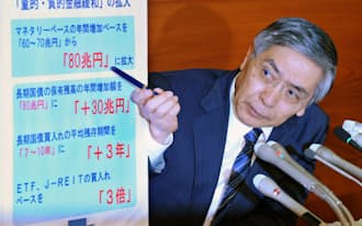追加金融緩和について記者会見する日銀の黒田総裁（10月31日、日銀本店）