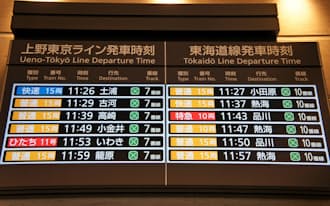 上野東京ラインの行き先表示。同じ7番線に常磐・宇都宮・高崎線の列車がやってくる。どれに乗るか、確認が不可欠だ（4月22日、東京駅）