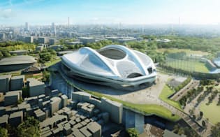 2020年東京五輪・パラリンピックのメーンスタジアムとなる新国立競技場の完成予想図=日本スポーツ振興センター提供