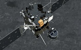 探査機ロゼッタから切り離されて彗星に降下する着陸機フィラエ（想像図、ESA提供）